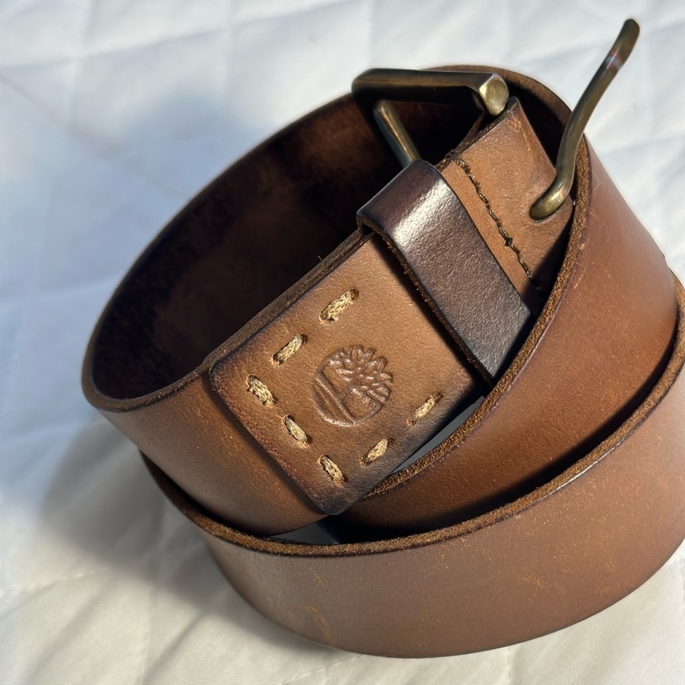 Timberland Mens Brown Casual Genuine Leather Jean Belt Brass Wide Buckle - Picture 8 of 9